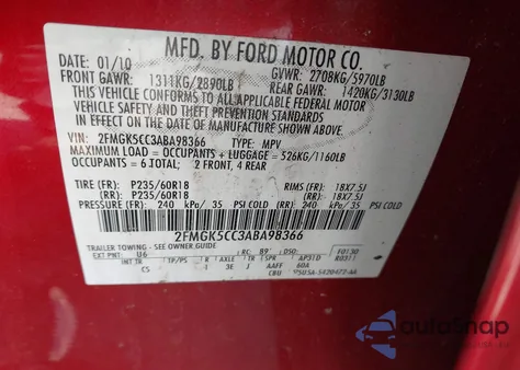 2010 Ford Flex Sel z USA, uszkodzony, nr VIN 2FMGK5CC3ABA98366